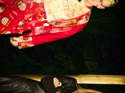 Leather dress girl gets wet and messy