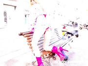 skinny blonde fucked in pink fur rave outfit