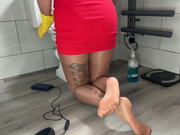 Hannah cleaning in dress and shiny silky nude pantyhose