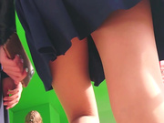 Sexy clothed redhead gets upskirt in her nude pantyhose