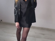 Sexy Polish blonde shows her legs in black pantyhose