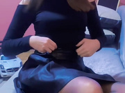 Sexy young slut shows her legs in sheer gray pantyhose