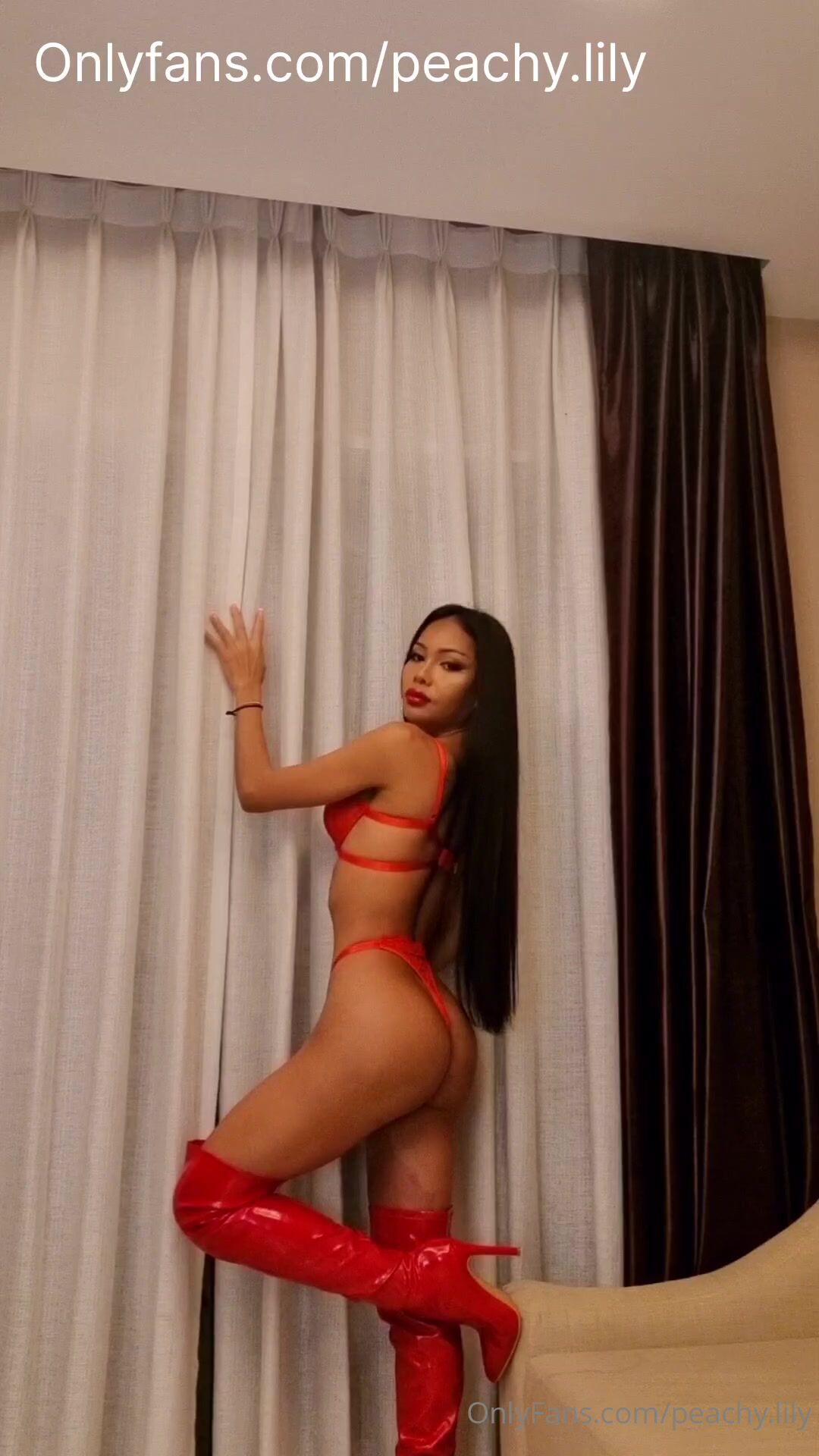 peachylily TS dildo solo, cumming and eating in pvc boo