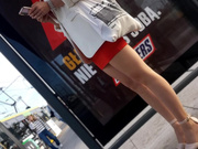 Sexy Polish blonde in red dress & silky nude pantyhose