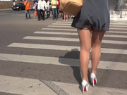 Sexy Russian slut gets upskirt in shiny tan stockings