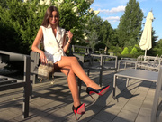 Sexy Polish brunette teasing in shiny tan pantyhose 5