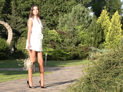 Sexy Polish brunette teasing in shiny tan pantyhose 5