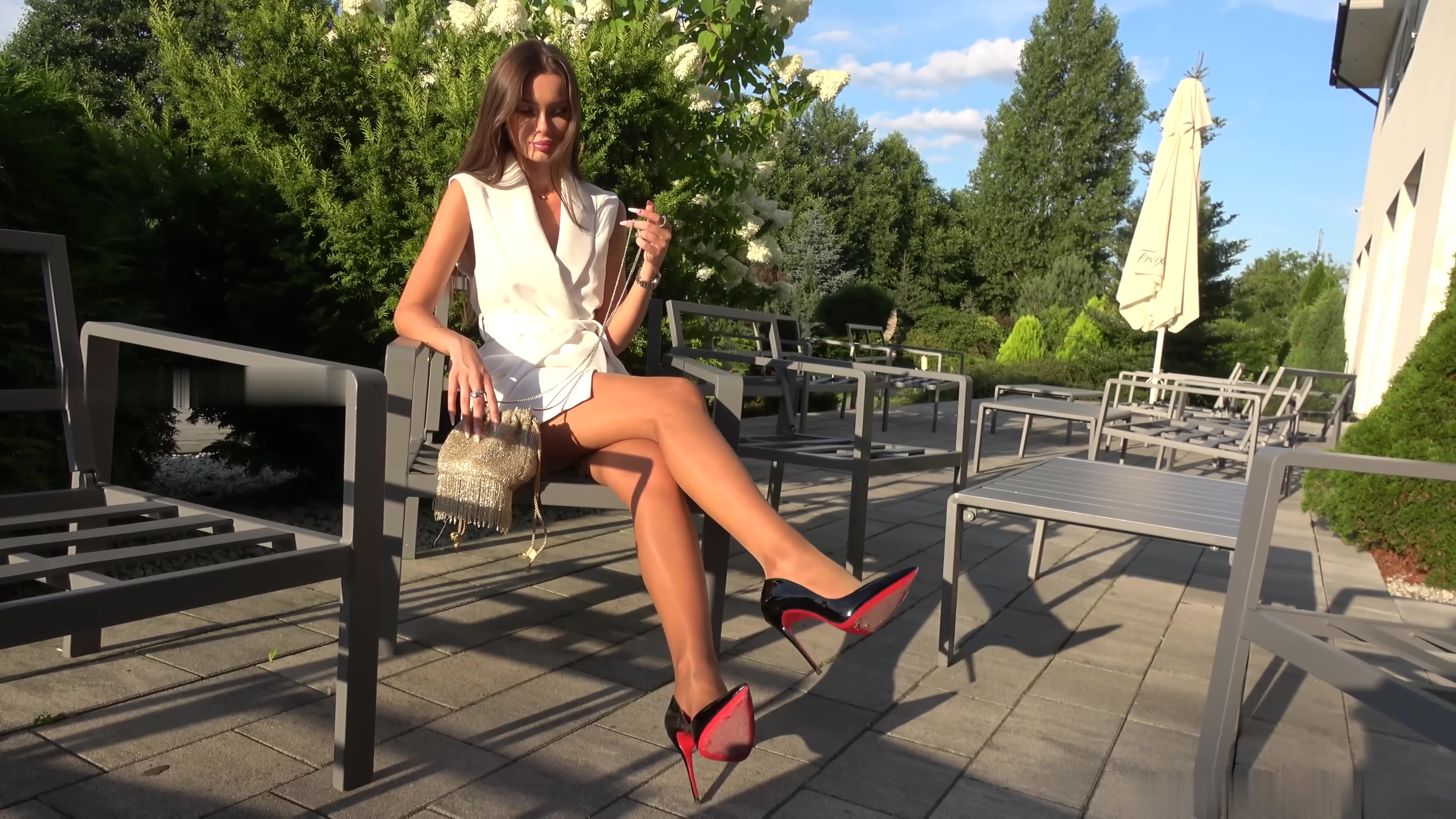 Sexy Polish brunette teasing in shiny tan pantyhose 5