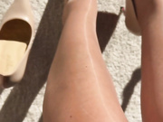 MrsEly shows her legs and feet in shiny tan pantyhose