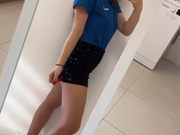 Sexy Polish brunette slut in shorts and nude pantyhose