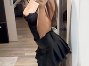 Julka Guzik teasing in leather miniskirt & black nylons
