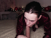 Russian brunette with saggy tits sucking on dildo