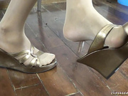 Latina Dangling Gold Heels in white Pantyhose