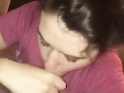 Busty brunette gives epic blowjob and swallows cum